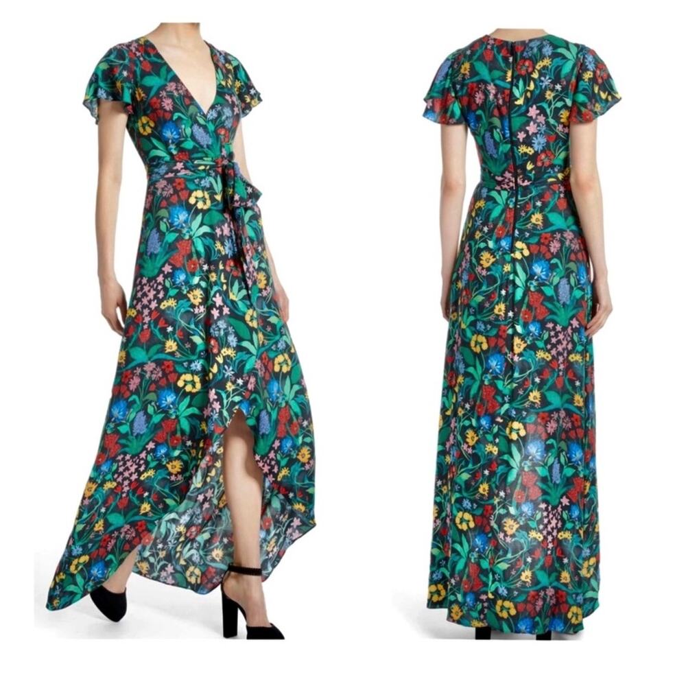Alice + Olivia Teal Floral Wrap Midi Dress